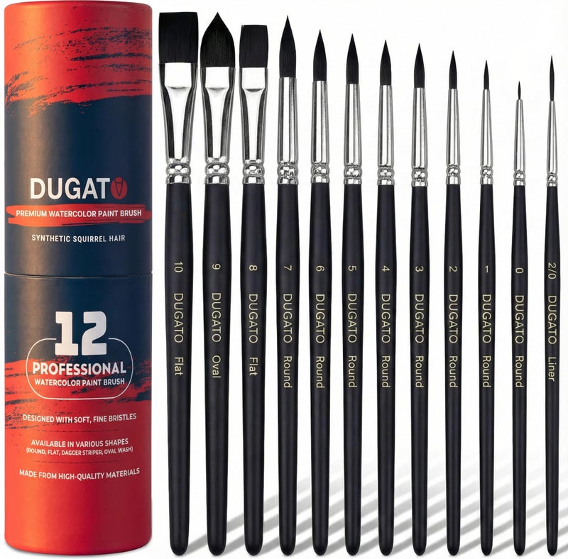 DUGATO Watercolor Brushes Professional, DUGATO 12pc Artist Paint Brush Set - Synthetic Bristles (Round, Flat, Liner, Oval) for Watercolor Gouache Inks Painting - Image 1